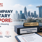 Best Company Secretary Singapore featured image with Singapore skyline, corporate secretarial services, compliance calendar, and Sandhurst Consultancy logo.